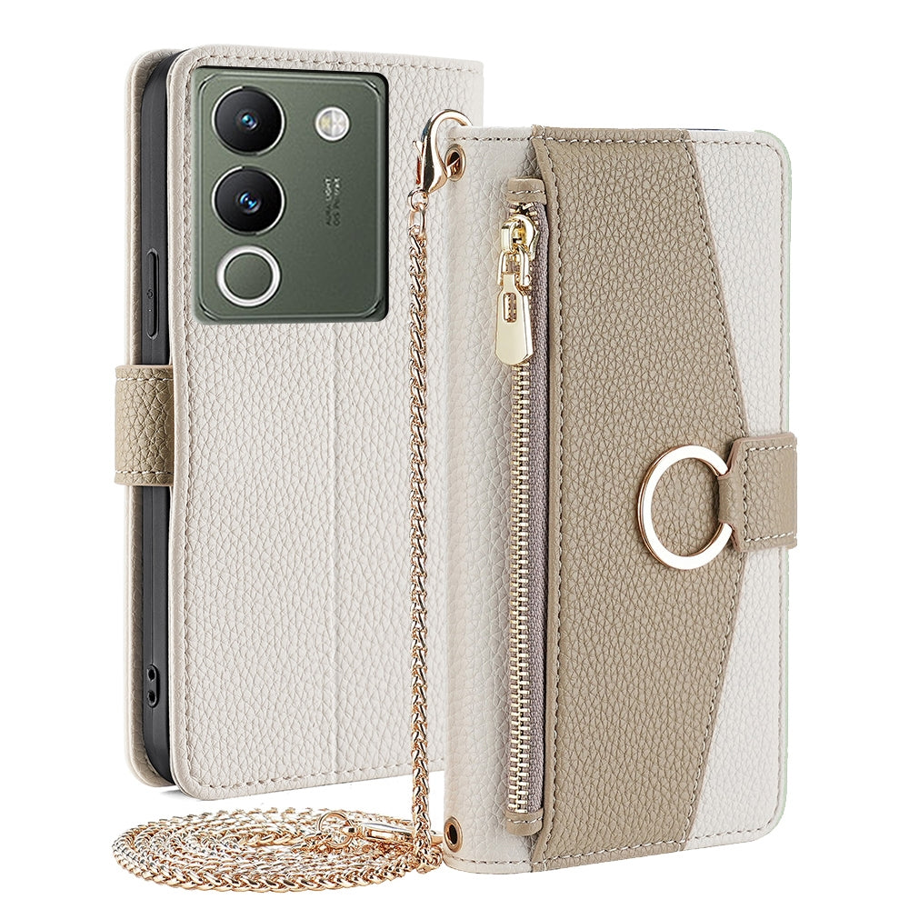 vivo V29e 5G Crossbody Phone Case with Litchi Texture Leather, Adjustable Kickstand, Card Slots, Zipper Purse, Makeup Mirror, and TPU Protection
