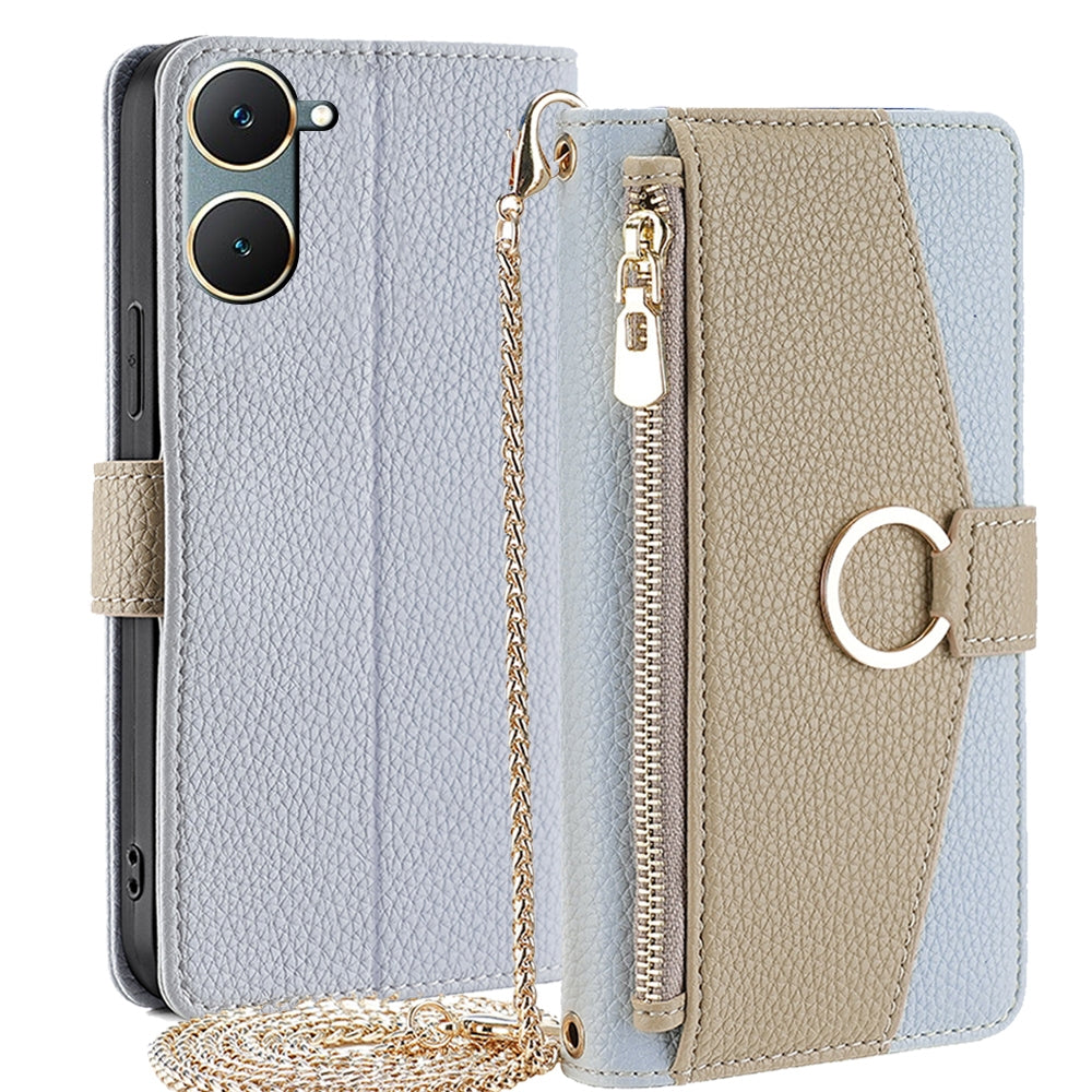 vivo Y03 4G Crossbody Phone Case with Litchi Texture Leather, Adjustable Kickstand, Card Slots, Zipper Purse, Makeup Mirror, and TPU Protection