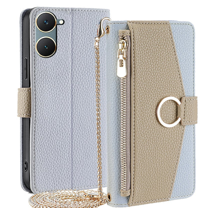 vivo Y03 4G Crossbody Phone Case with Litchi Texture Leather, Adjustable Kickstand, Card Slots, Zipper Purse, Makeup Mirror, and TPU Protection