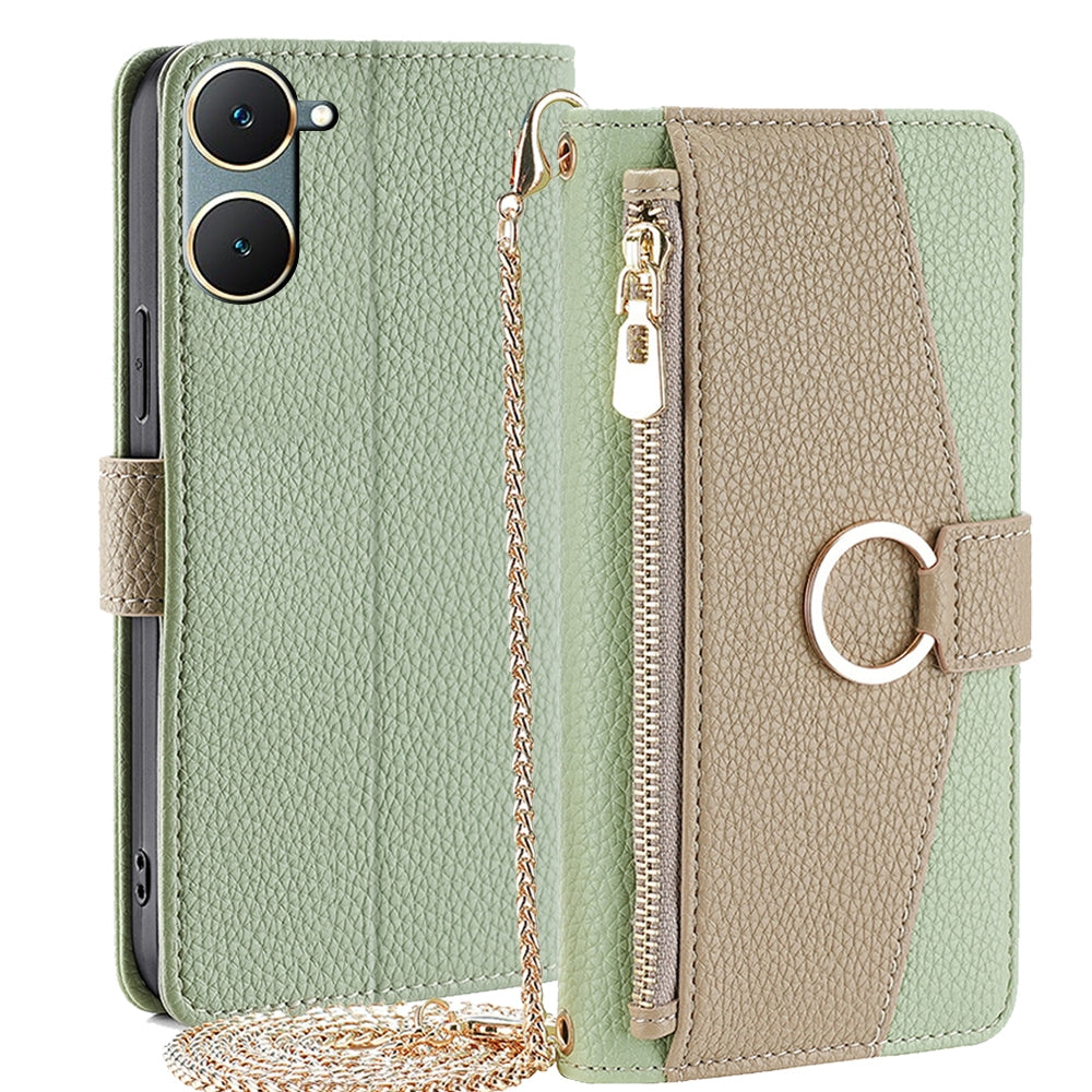 vivo Y03 4G Crossbody Phone Case with Litchi Texture Leather, Adjustable Kickstand, Card Slots, Zipper Purse, Makeup Mirror, and TPU Protection
