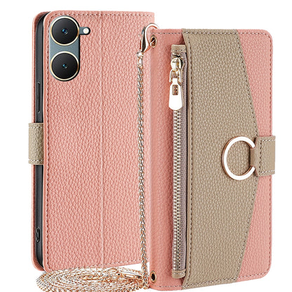 vivo Y03 4G Crossbody Phone Case with Litchi Texture Leather, Adjustable Kickstand, Card Slots, Zipper Purse, Makeup Mirror, and TPU Protection