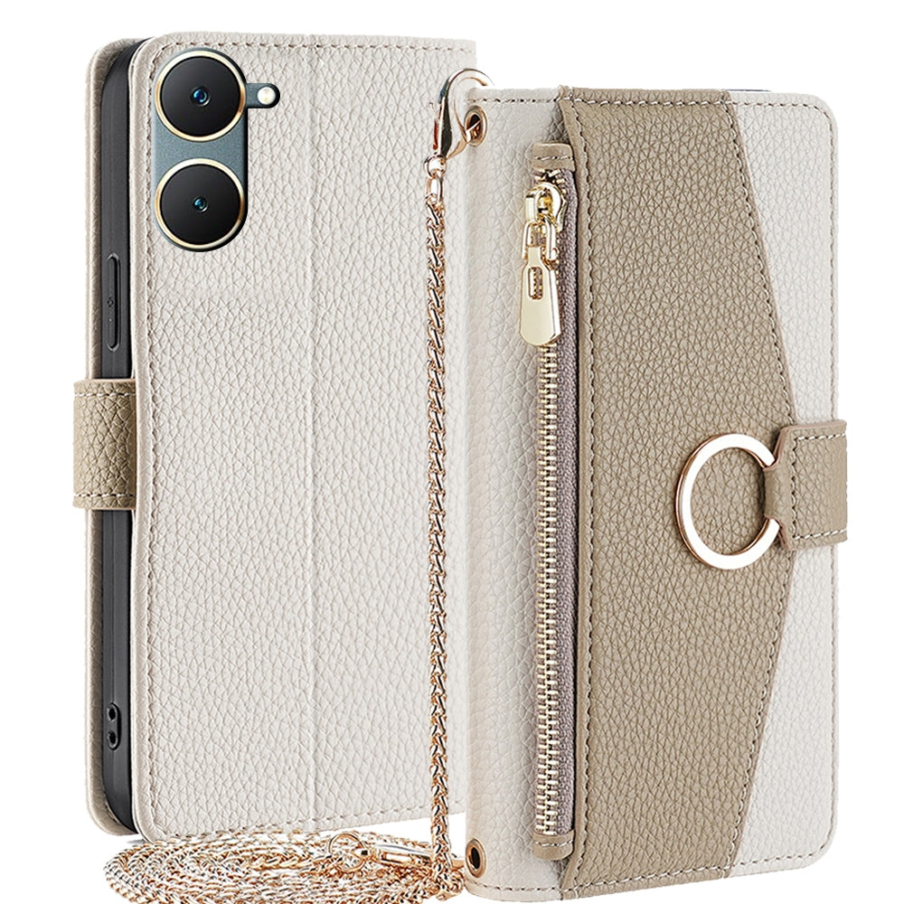 vivo Y03 4G Crossbody Phone Case with Litchi Texture Leather, Adjustable Kickstand, Card Slots, Zipper Purse, Makeup Mirror, and TPU Protection