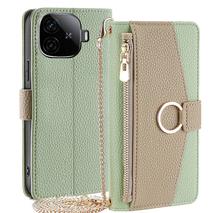 vivo iQOO Z9 Turbo Crossbody Phone Case with Litchi Texture Leather, Adjustable Kickstand, Card Slots, Zipper Purse, Makeup Mirror, and TPU Protection