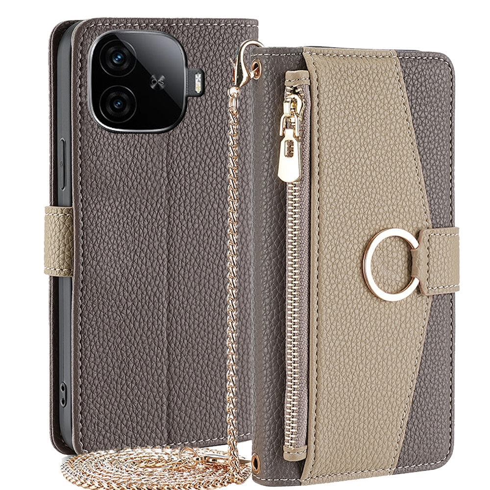 vivo iQOO Z9 Turbo Crossbody Phone Case with Litchi Texture Leather, Adjustable Kickstand, Card Slots, Zipper Purse, Makeup Mirror, and TPU Protection