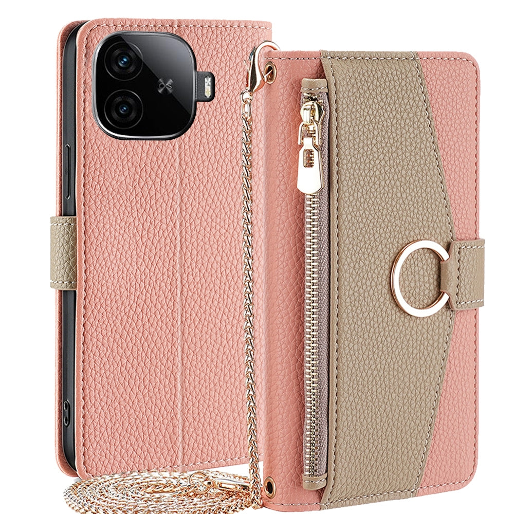 vivo iQOO Z9 Turbo Crossbody Phone Case with Litchi Texture Leather, Adjustable Kickstand, Card Slots, Zipper Purse, Makeup Mirror, and TPU Protection