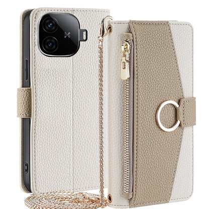 vivo iQOO Z9 Turbo Crossbody Phone Case with Litchi Texture Leather, Adjustable Kickstand, Card Slots, Zipper Purse, Makeup Mirror, and TPU Protection