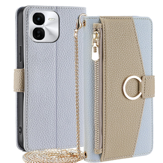 vivo iQOO Z9x 5G Crossbody Phone Case with Litchi Texture Leather, Adjustable Kickstand, Card Slots, Zipper Purse, Makeup Mirror, and TPU Protection