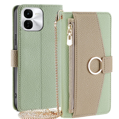 vivo iQOO Z9x 5G Crossbody Phone Case with Litchi Texture Leather, Adjustable Kickstand, Card Slots, Zipper Purse, Makeup Mirror, and TPU Protection