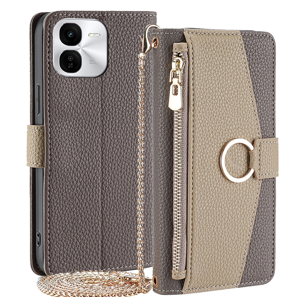 vivo iQOO Z9x 5G Crossbody Phone Case with Litchi Texture Leather, Adjustable Kickstand, Card Slots, Zipper Purse, Makeup Mirror, and TPU Protection