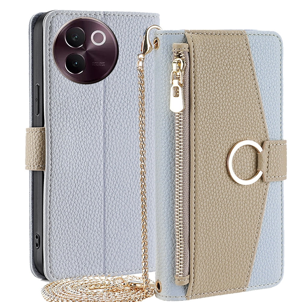 vivo V30e 5G Global Crossbody Phone Case with Litchi Texture Leather, Adjustable Kickstand, Card Slots, Zipper Purse, Makeup Mirror, and TPU Protection