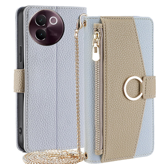 vivo V30e 5G Global Crossbody Phone Case with Litchi Texture Leather, Adjustable Kickstand, Card Slots, Zipper Purse, Makeup Mirror, and TPU Protection