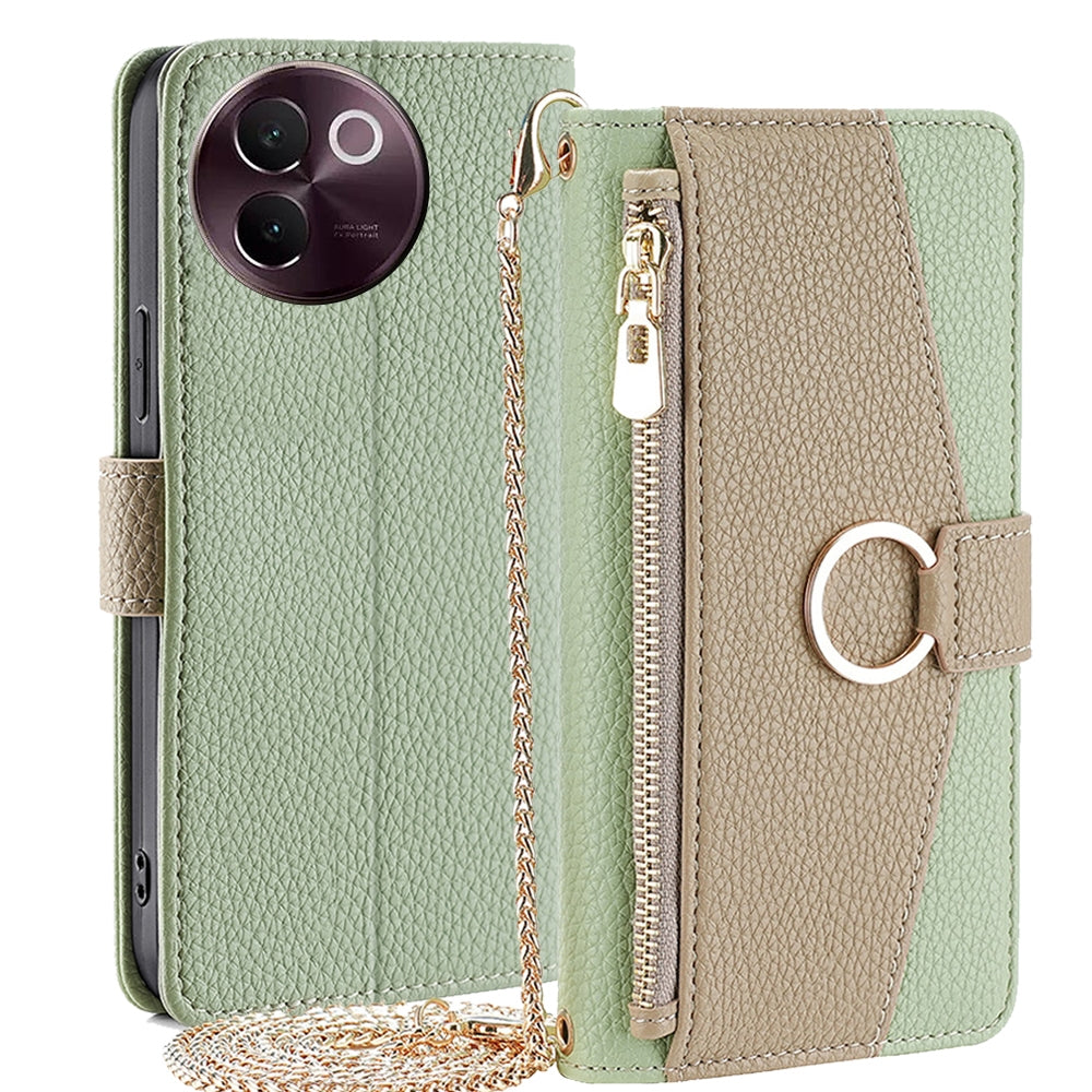 vivo V30e 5G Global Crossbody Phone Case with Litchi Texture Leather, Adjustable Kickstand, Card Slots, Zipper Purse, Makeup Mirror, and TPU Protection