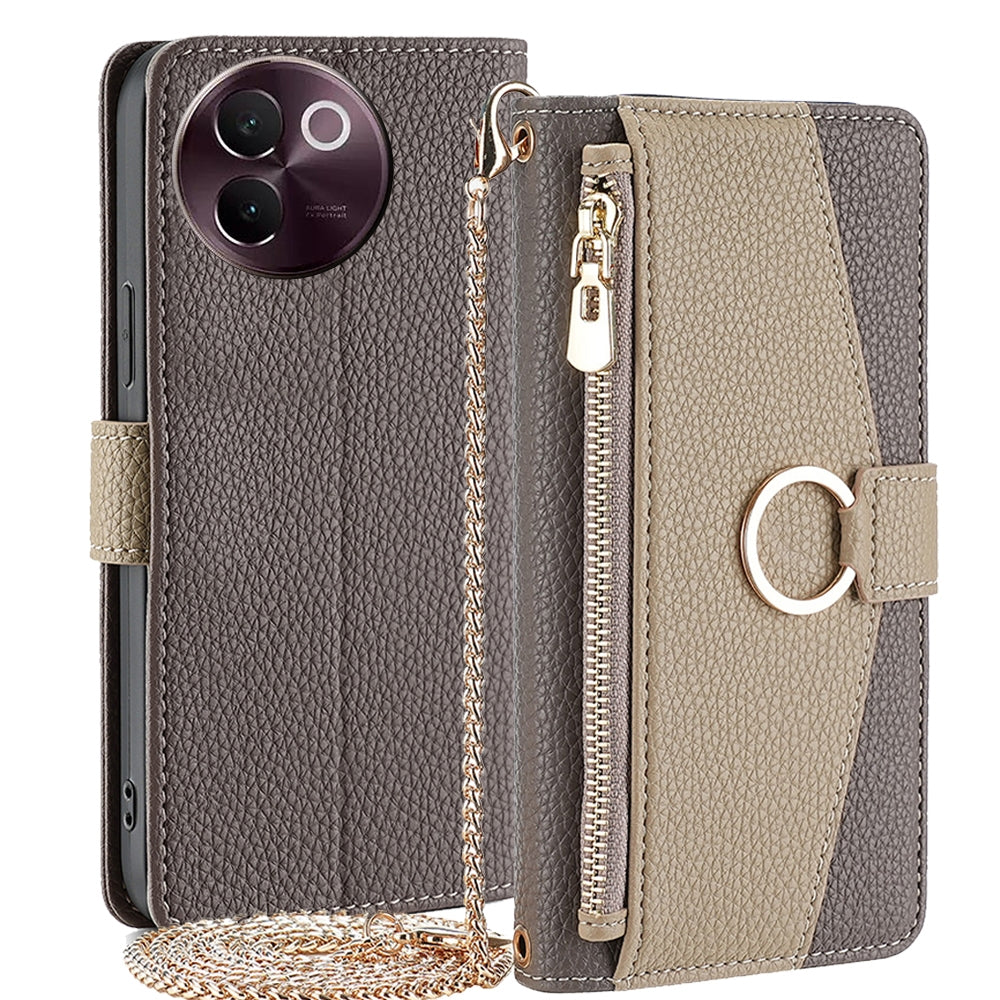 vivo V30e 5G Global Crossbody Phone Case with Litchi Texture Leather, Adjustable Kickstand, Card Slots, Zipper Purse, Makeup Mirror, and TPU Protection