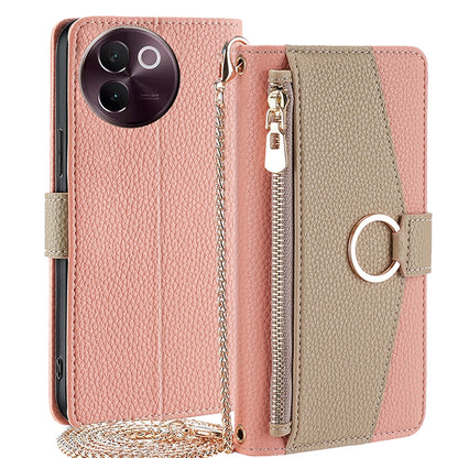 vivo V30e 5G Global Crossbody Phone Case with Litchi Texture Leather, Adjustable Kickstand, Card Slots, Zipper Purse, Makeup Mirror, and TPU Protection