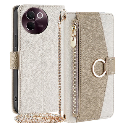 vivo V30e 5G Global Crossbody Phone Case with Litchi Texture Leather, Adjustable Kickstand, Card Slots, Zipper Purse, Makeup Mirror, and TPU Protection