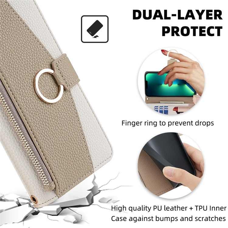 vivo V30e 5G Global Crossbody Phone Case with Litchi Texture Leather, Adjustable Kickstand, Card Slots, Zipper Purse, Makeup Mirror, and TPU Protection