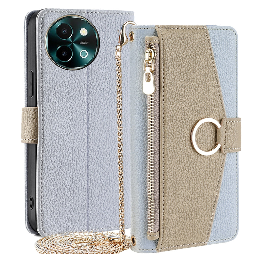 vivo T3x Global Crossbody Phone Case with Litchi Texture Leather, Adjustable Kickstand, Card Slots, Zipper Purse, Makeup Mirror, and TPU Protection