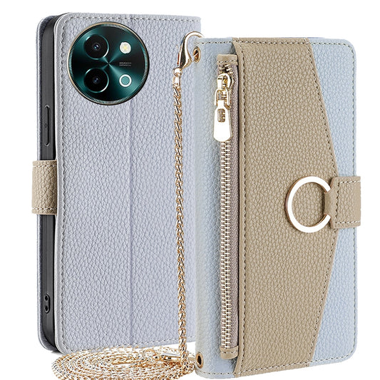 vivo T3x Global Crossbody Phone Case with Litchi Texture Leather, Adjustable Kickstand, Card Slots, Zipper Purse, Makeup Mirror, and TPU Protection