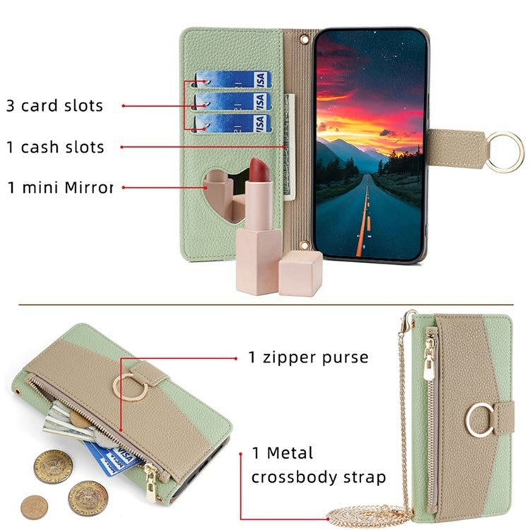 For vivo Y38 5G Crossbody Phone Case with Litchi Texture Leather, Adjustable Kickstand, Card Slots, Zipper Purse, Makeup Mirror, and TPU Protection