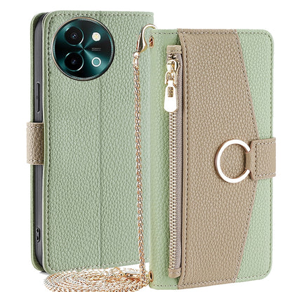 vivo T3x Global Crossbody Phone Case with Litchi Texture Leather, Adjustable Kickstand, Card Slots, Zipper Purse, Makeup Mirror, and TPU Protection