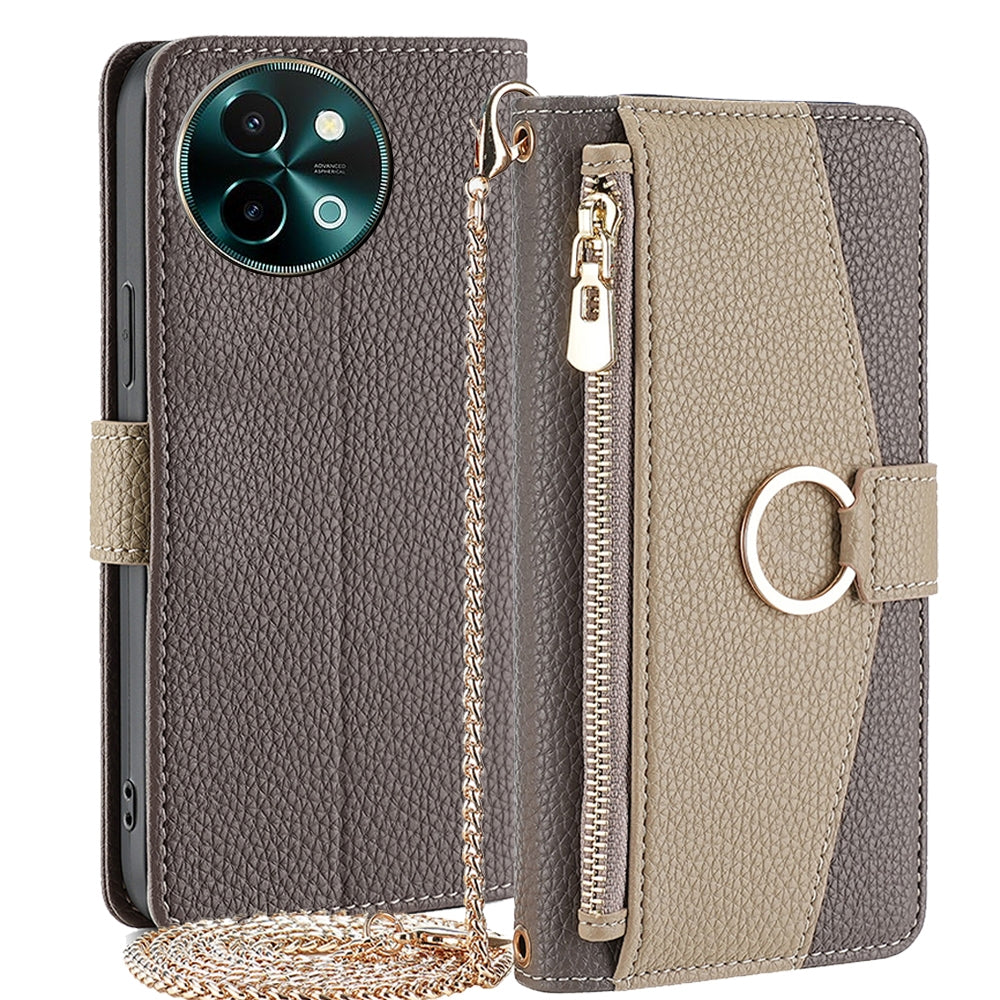 vivo T3x Global Crossbody Phone Case with Litchi Texture Leather, Adjustable Kickstand, Card Slots, Zipper Purse, Makeup Mirror, and TPU Protection
