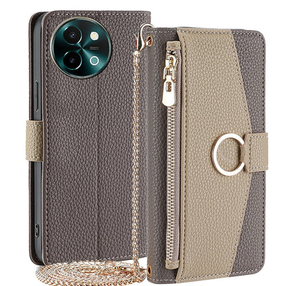 vivo T3x Global Crossbody Phone Case with Litchi Texture Leather, Adjustable Kickstand, Card Slots, Zipper Purse, Makeup Mirror, and TPU Protection