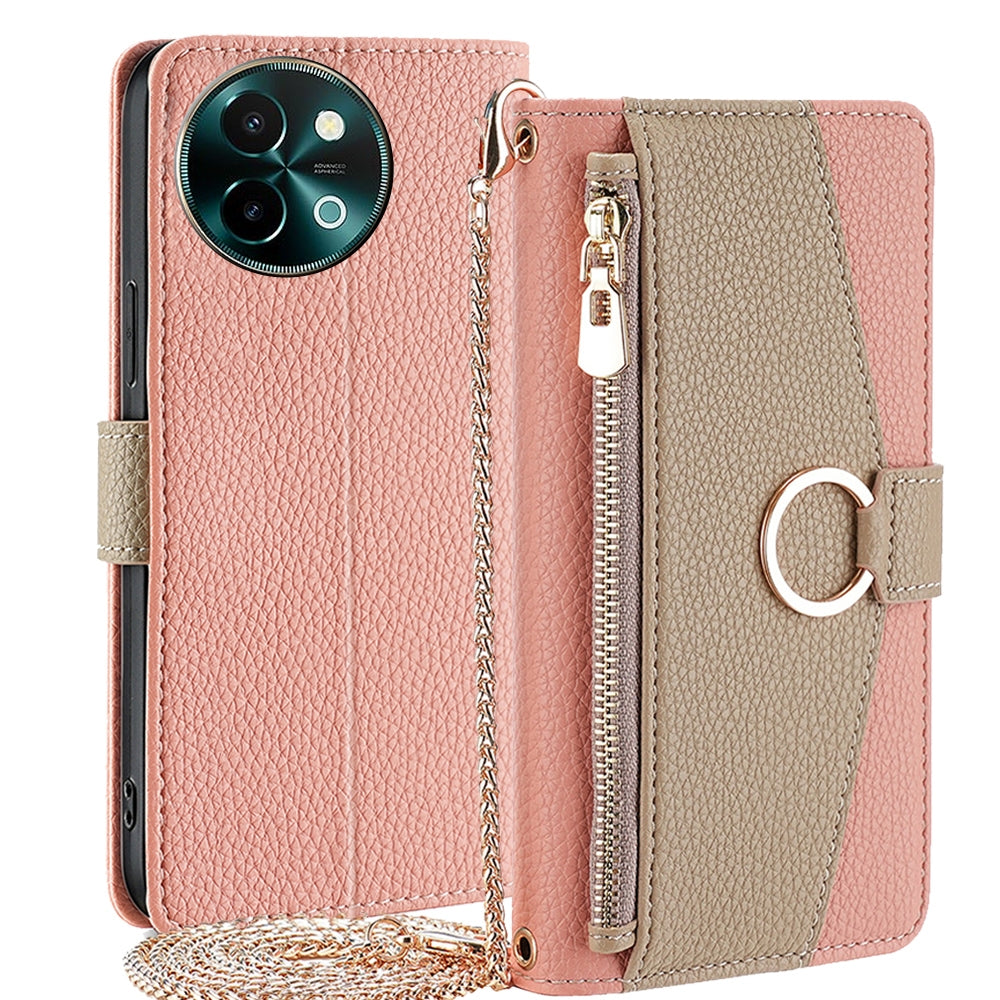 vivo T3x Global Crossbody Phone Case with Litchi Texture Leather, Adjustable Kickstand, Card Slots, Zipper Purse, Makeup Mirror, and TPU Protection