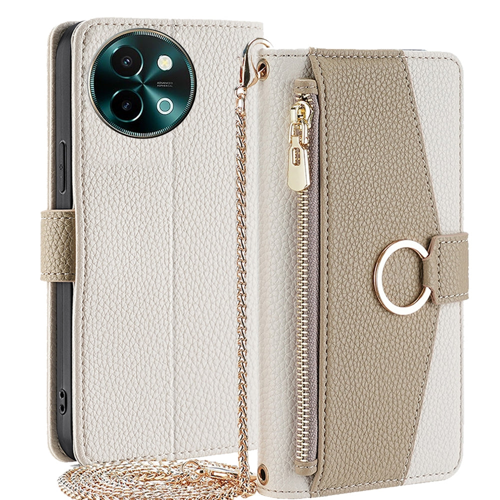 vivo T3x Global Crossbody Phone Case with Litchi Texture Leather, Adjustable Kickstand, Card Slots, Zipper Purse, Makeup Mirror, and TPU Protection