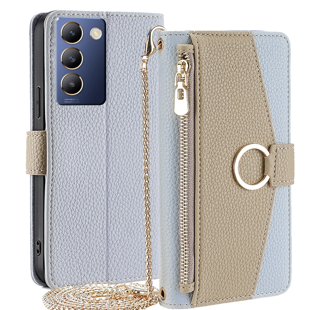 vivo Y100 5G IDN Crossbody Phone Case with Litchi Texture Leather, Adjustable Kickstand, Card Slots, Zipper Purse, Makeup Mirror, and TPU Protection
