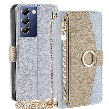 vivo Y100 5G IDN Crossbody Phone Case with Litchi Texture Leather, Adjustable Kickstand, Card Slots, Zipper Purse, Makeup Mirror, and TPU Protection