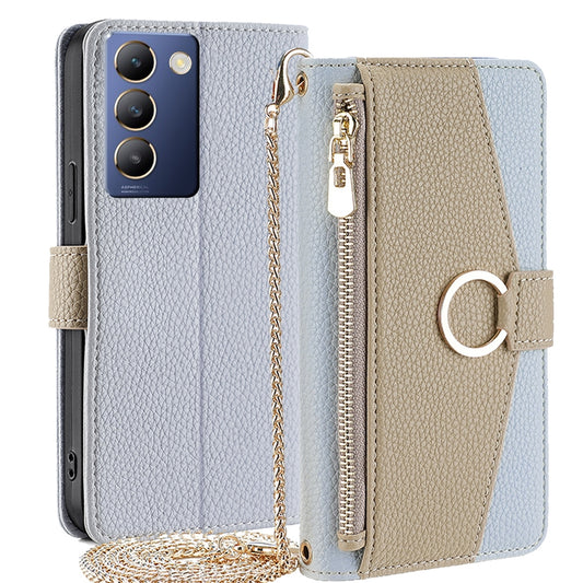vivo Y100 5G IDN Crossbody Phone Case with Litchi Texture Leather, Adjustable Kickstand, Card Slots, Zipper Purse, Makeup Mirror, and TPU Protection
