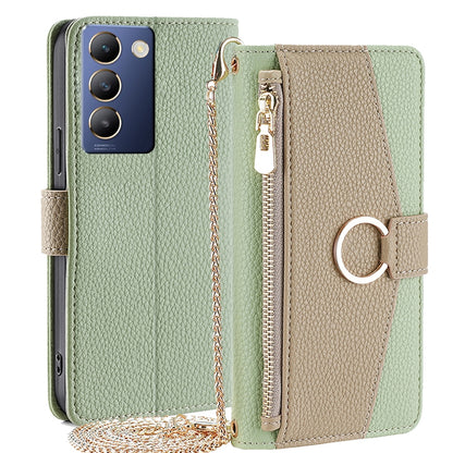 vivo Y100 5G IDN Crossbody Phone Case with Litchi Texture Leather, Adjustable Kickstand, Card Slots, Zipper Purse, Makeup Mirror, and TPU Protection