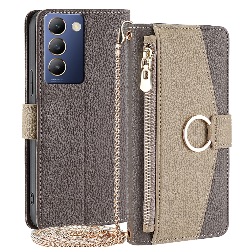 vivo Y100 5G IDN Crossbody Phone Case with Litchi Texture Leather, Adjustable Kickstand, Card Slots, Zipper Purse, Makeup Mirror, and TPU Protection