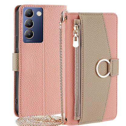 vivo Y100 5G IDN Crossbody Phone Case with Litchi Texture Leather, Adjustable Kickstand, Card Slots, Zipper Purse, Makeup Mirror, and TPU Protection