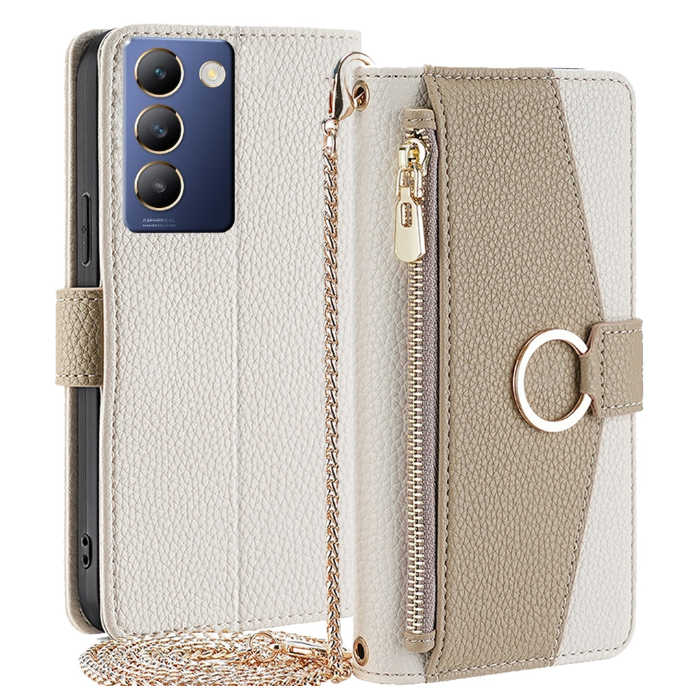 vivo Y100 5G IDN Crossbody Phone Case with Litchi Texture Leather, Adjustable Kickstand, Card Slots, Zipper Purse, Makeup Mirror, and TPU Protection