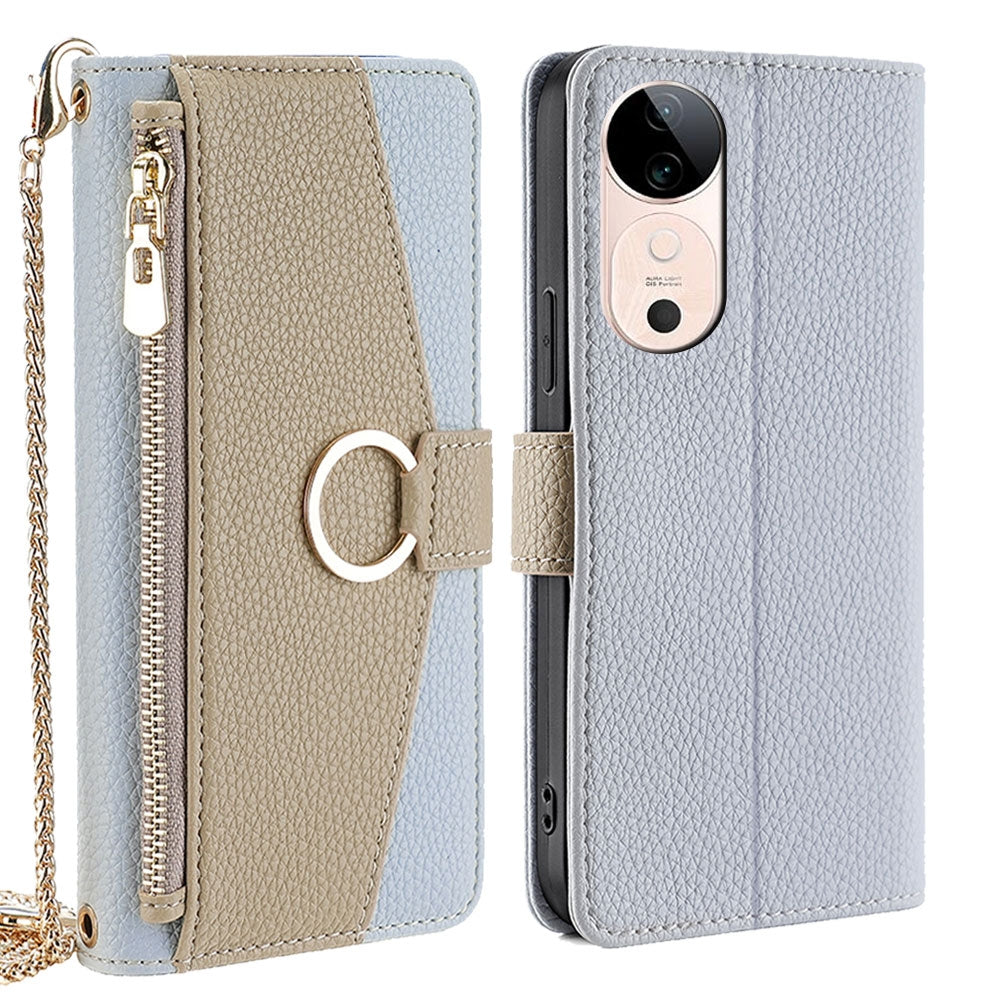 vivo S19 Crossbody Phone Case with Litchi Texture Leather, Adjustable Kickstand, Card Slots, Zipper Purse, Makeup Mirror, and TPU Protection