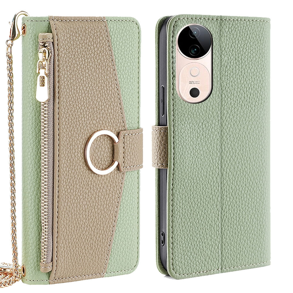 vivo S19 Crossbody Phone Case with Litchi Texture Leather, Adjustable Kickstand, Card Slots, Zipper Purse, Makeup Mirror, and TPU Protection