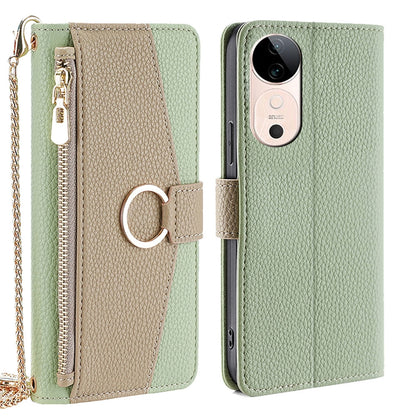 vivo S19 Crossbody Phone Case with Litchi Texture Leather, Adjustable Kickstand, Card Slots, Zipper Purse, Makeup Mirror, and TPU Protection
