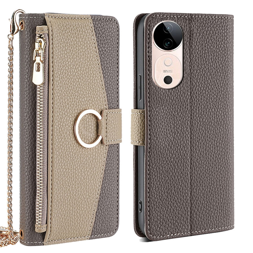 vivo S19 Crossbody Phone Case with Litchi Texture Leather, Adjustable Kickstand, Card Slots, Zipper Purse, Makeup Mirror, and TPU Protection