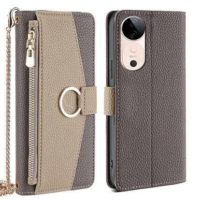 vivo S19 Crossbody Phone Case with Litchi Texture Leather, Adjustable Kickstand, Card Slots, Zipper Purse, Makeup Mirror, and TPU Protection