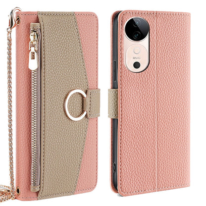 vivo S19 Crossbody Phone Case with Litchi Texture Leather, Adjustable Kickstand, Card Slots, Zipper Purse, Makeup Mirror, and TPU Protection
