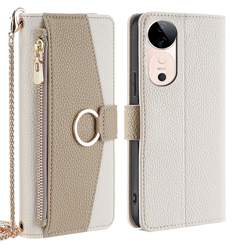 vivo S19 Crossbody Phone Case with Litchi Texture Leather, Adjustable Kickstand, Card Slots, Zipper Purse, Makeup Mirror, and TPU Protection