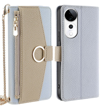 vivo S19 Pro Crossbody Phone Case with Litchi Texture Leather, Adjustable Kickstand, Card Slots, Zipper Purse, Makeup Mirror, and TPU Protection