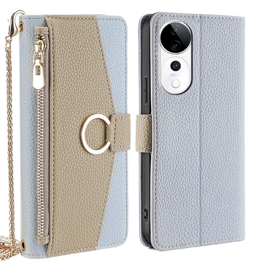 vivo S19 Pro Crossbody Phone Case with Litchi Texture Leather, Adjustable Kickstand, Card Slots, Zipper Purse, Makeup Mirror, and TPU Protection