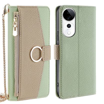 vivo S19 Pro Crossbody Phone Case with Litchi Texture Leather, Adjustable Kickstand, Card Slots, Zipper Purse, Makeup Mirror, and TPU Protection