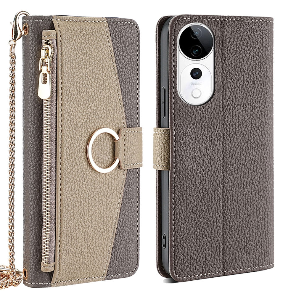 vivo S19 Pro Crossbody Phone Case with Litchi Texture Leather, Adjustable Kickstand, Card Slots, Zipper Purse, Makeup Mirror, and TPU Protection