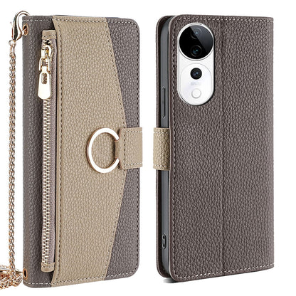 vivo S19 Pro Crossbody Phone Case with Litchi Texture Leather, Adjustable Kickstand, Card Slots, Zipper Purse, Makeup Mirror, and TPU Protection