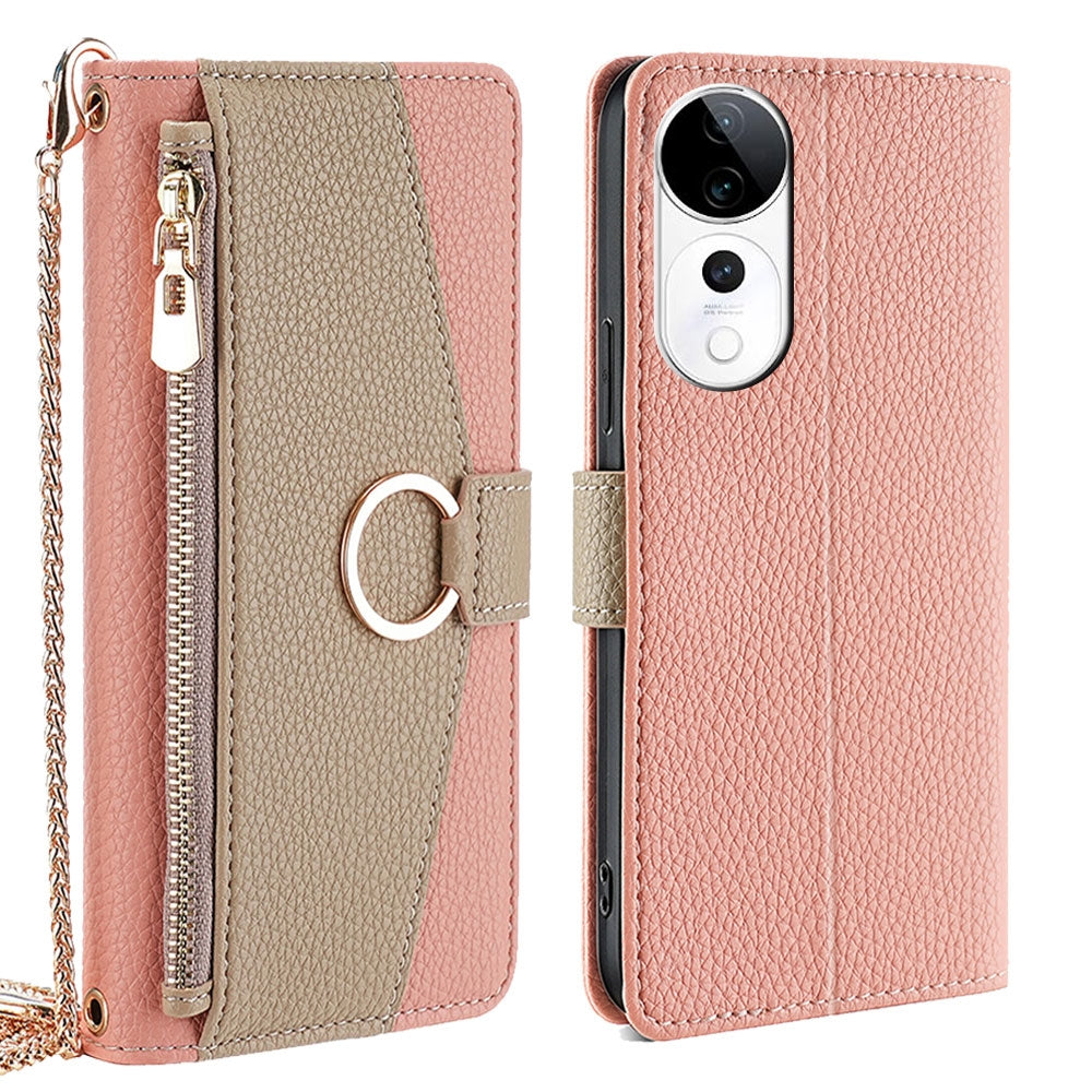 vivo S19 Pro Crossbody Phone Case with Litchi Texture Leather, Adjustable Kickstand, Card Slots, Zipper Purse, Makeup Mirror, and TPU Protection