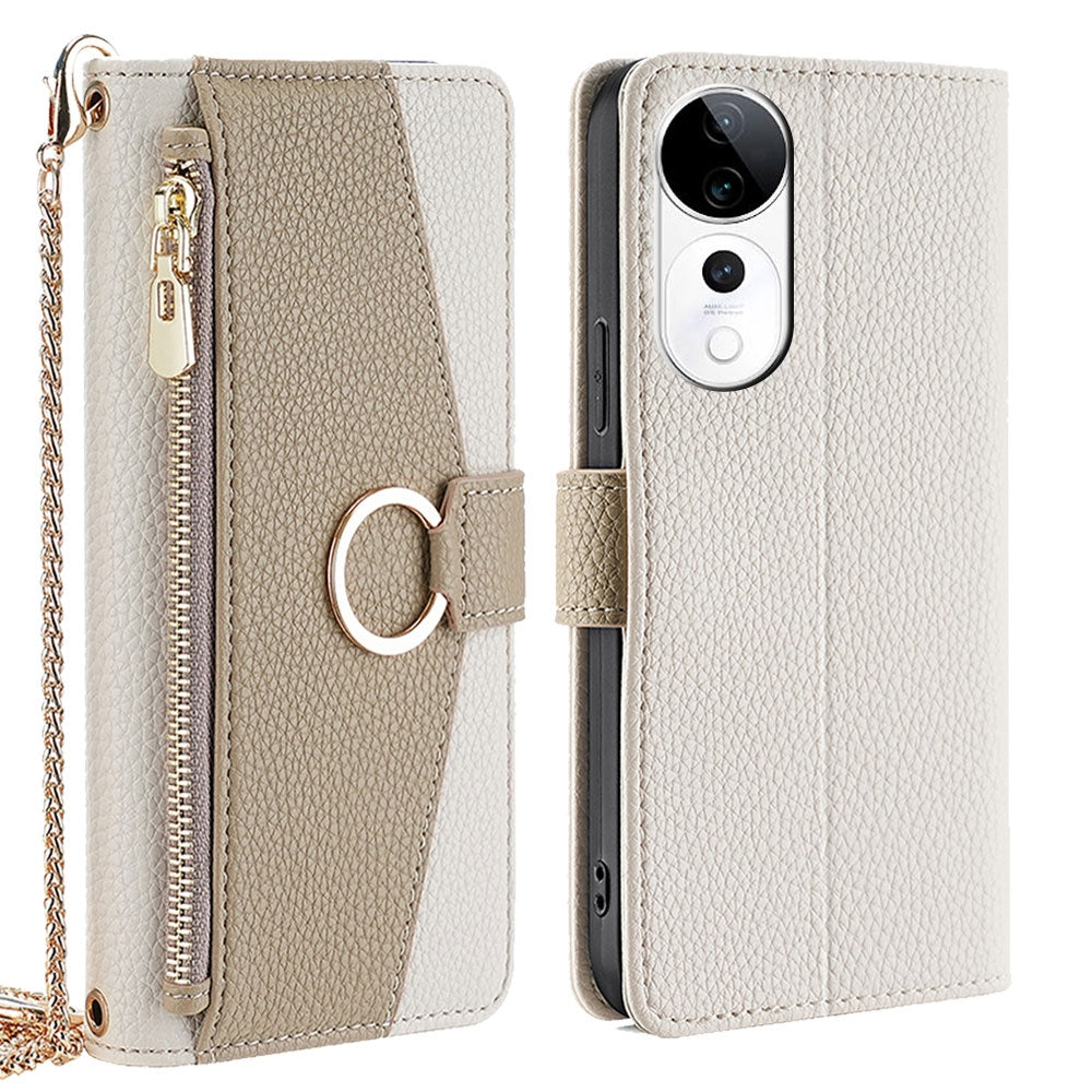 vivo S19 Pro Crossbody Phone Case with Litchi Texture Leather, Adjustable Kickstand, Card Slots, Zipper Purse, Makeup Mirror, and TPU Protection