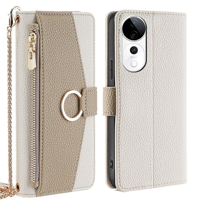 vivo S19 Pro Crossbody Phone Case with Litchi Texture Leather, Adjustable Kickstand, Card Slots, Zipper Purse, Makeup Mirror, and TPU Protection